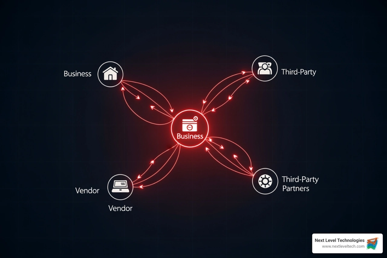 Data breach visualization showing interconnected nodes representing a business and its third-party partners being compromised - Vendor Risk Management Data breach visualization showing interconnected nodes representing a business and its third-party partners being compromised - Vendor Risk Management
