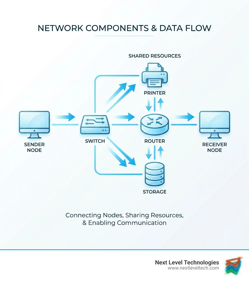 infographic showing network components: computers and devices (nodes) connected through switches and routers, with arrows showing data flow between sender and receiver, plus icons for shared resources like printers and storage - network networking definition infographic 