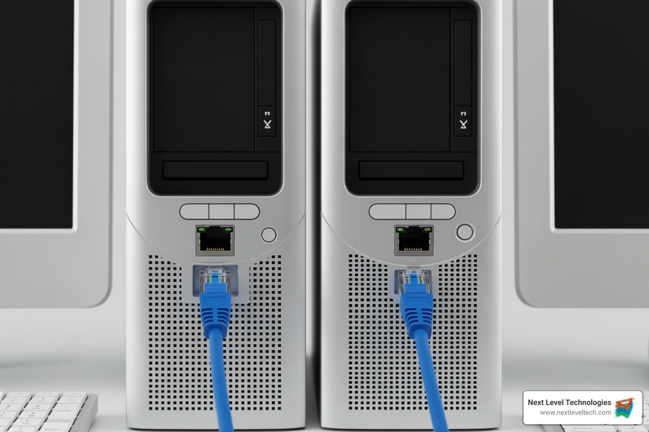 Two computers connected by a single Ethernet cable representing the simplest form of a network - network networking definition