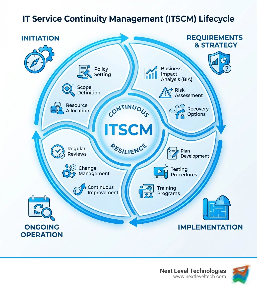 infographic showing the ITSCM lifecycle with four stages: Initiation (policy setting, scope definition, resource allocation), Requirements & Strategy (Business Impact Analysis, Risk Assessment, recovery options), Implementation (plan development, testing procedures, training programs), and Ongoing Operation (regular reviews, change management, continuous improvement) - it service continuity management infographic infographic showing the ITSCM lifecycle with four stages: Initiation (policy setting, scope definition, resource allocation), Requirements & Strategy (Business Impact Analysis, Risk Assessment, recovery options), Implementation (plan development, testing procedures, training programs), and Ongoing Operation (regular reviews, change management, continuous improvement) - it service continuity management infographic