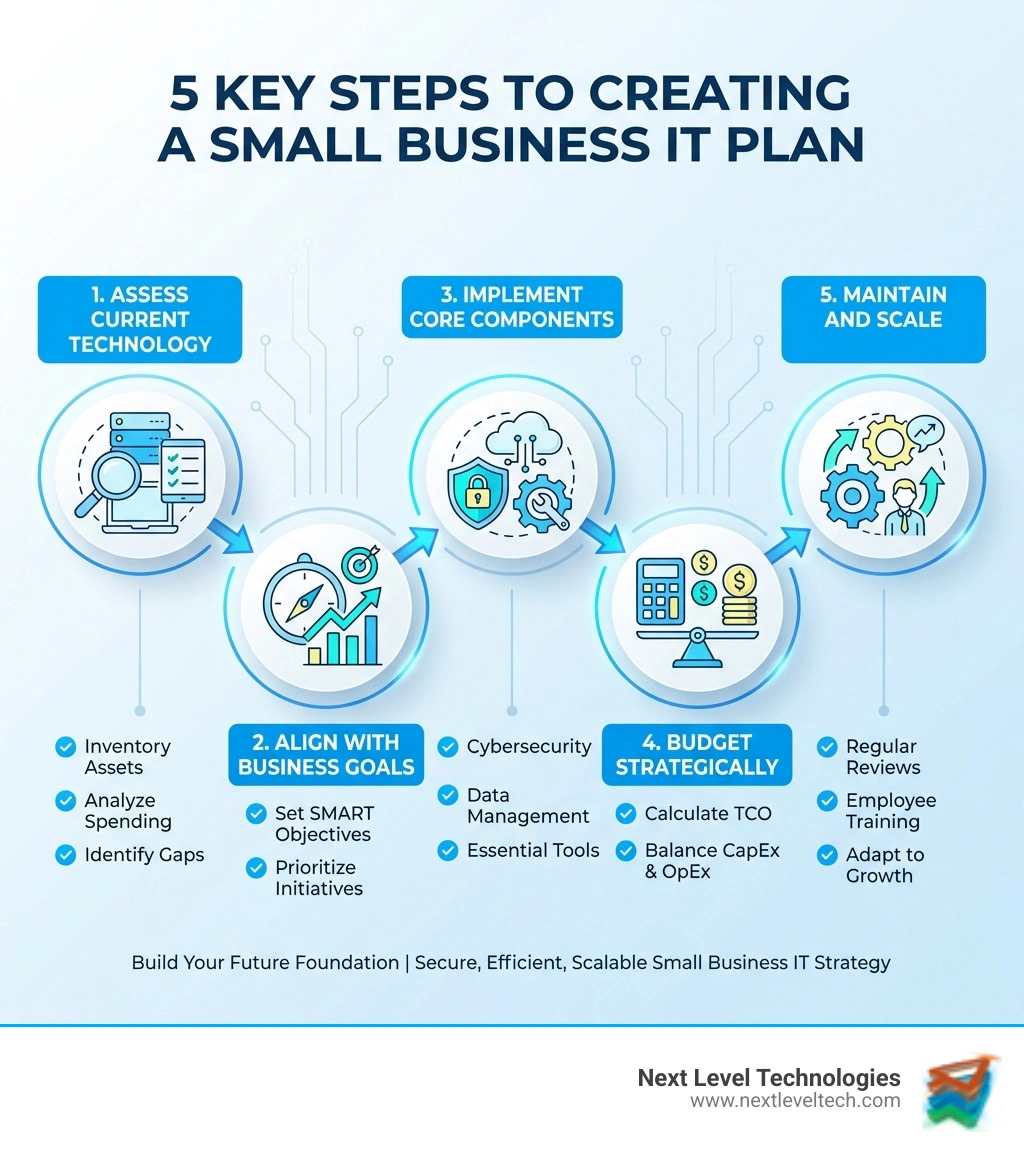 Infographic showing 5 key steps to creating a small business IT plan: 1. Assess Current Technology (inventory assets, analyze spending, identify gaps), 2. Align with Business Goals (set SMART objectives, prioritize initiatives), 3. Implement Core Components (cybersecurity, data management, essential tools), 4. Budget Strategically (calculate TCO, balance CapEx and OpEx), 5. Maintain and Scale (regular reviews, employee training, adapt to growth) - it plan for small business infographic Infographic showing 5 key steps to creating a small business IT plan: 1. Assess Current Technology (inventory assets, analyze spending, identify gaps), 2. Align with Business Goals (set SMART objectives, prioritize initiatives), 3. Implement Core Components (cybersecurity, data management, essential tools), 4. Budget Strategically (calculate TCO, balance CapEx and OpEx), 5. Maintain and Scale (regular reviews, employee training, adapt to growth) - it plan for small business infographic