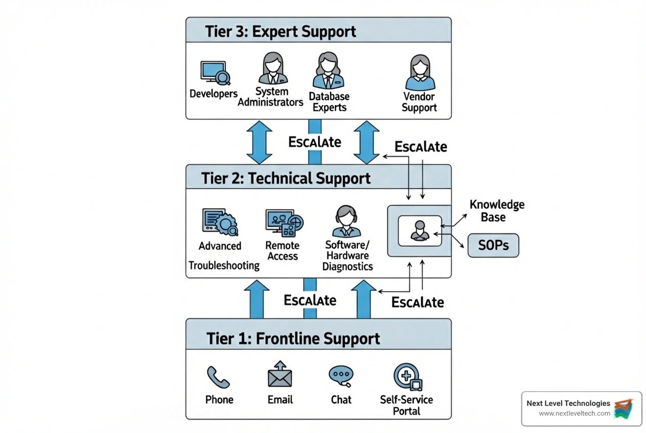 flowchart showing the IT support tiers from 1 to 3 - b2b it support flowchart showing the IT support tiers from 1 to 3 - b2b it support