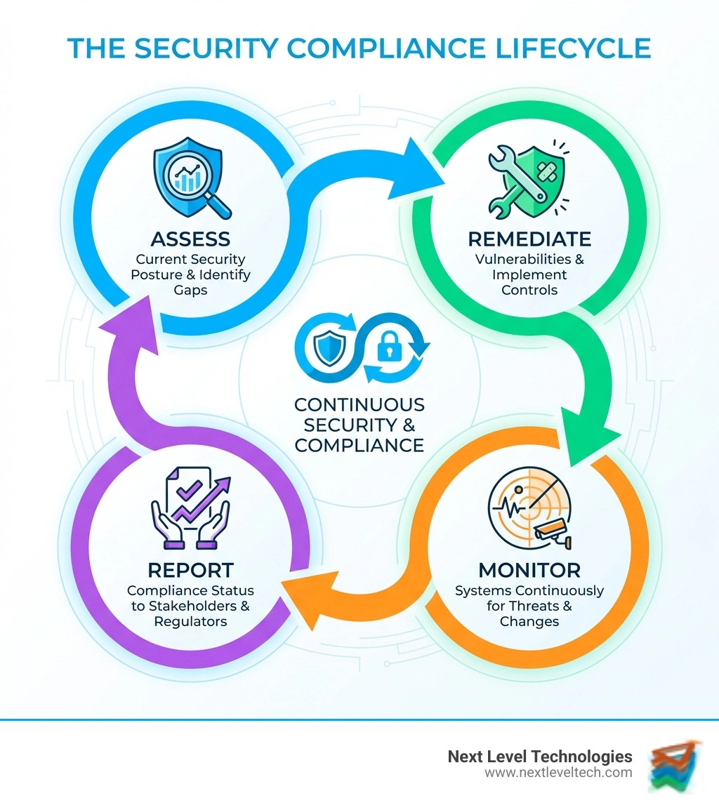 Infographic showing the compliance cycle with four connected phases: Assess current security posture and identify gaps, Remediate vulnerabilities and implement controls, Monitor systems continuously for threats and changes, Report compliance status to stakeholders and regulators - Security Compliance Services infographic Infographic showing the compliance cycle with four connected phases: Assess current security posture and identify gaps, Remediate vulnerabilities and implement controls, Monitor systems continuously for threats and changes, Report compliance status to stakeholders and regulators - Security Compliance Services infographic