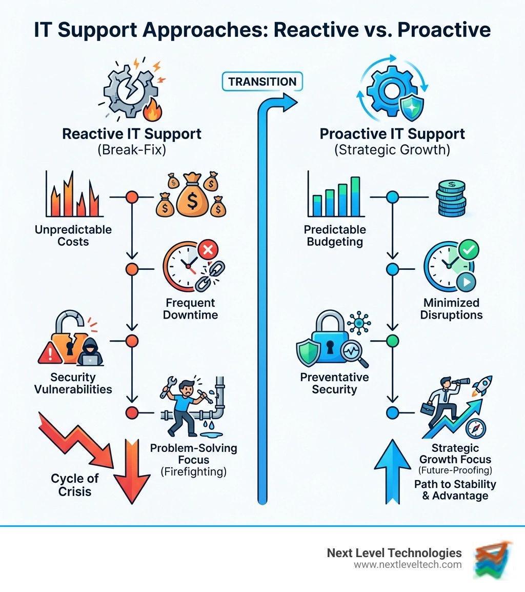 infographic comparing reactive versus proactive IT support showing the reactive approach with unpredictable costs, frequent downtime, security vulnerabilities, and problem-solving focus versus the proactive approach with predictable budgeting, minimized disruptions, preventative security, and strategic growth focus - proactive it support infographic 