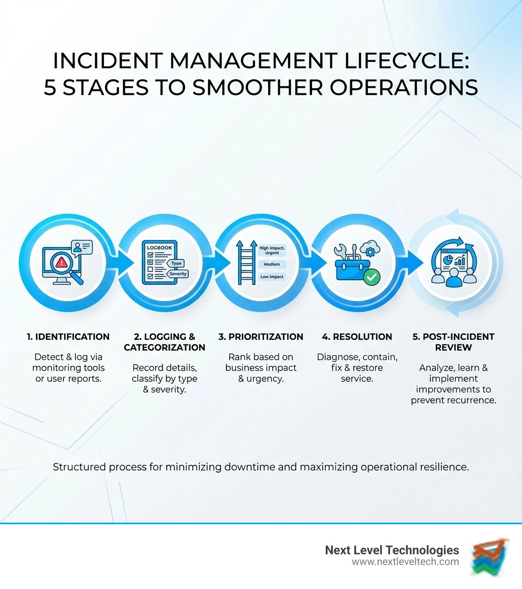 Infographic showing the 5 stages of the incident management lifecycle: 1. Identification - Detect and log the incident through monitoring tools or user reports; 2. Logging and Categorization - Record details and classify by type and severity; 3. Prioritization - Rank based on business impact and urgency; 4. Resolution - Diagnose, contain, and fix the issue to restore service; 5. Post-Incident Review - Analyze what happened and implement improvements to prevent recurrence - Benefits of incident management infographic 
