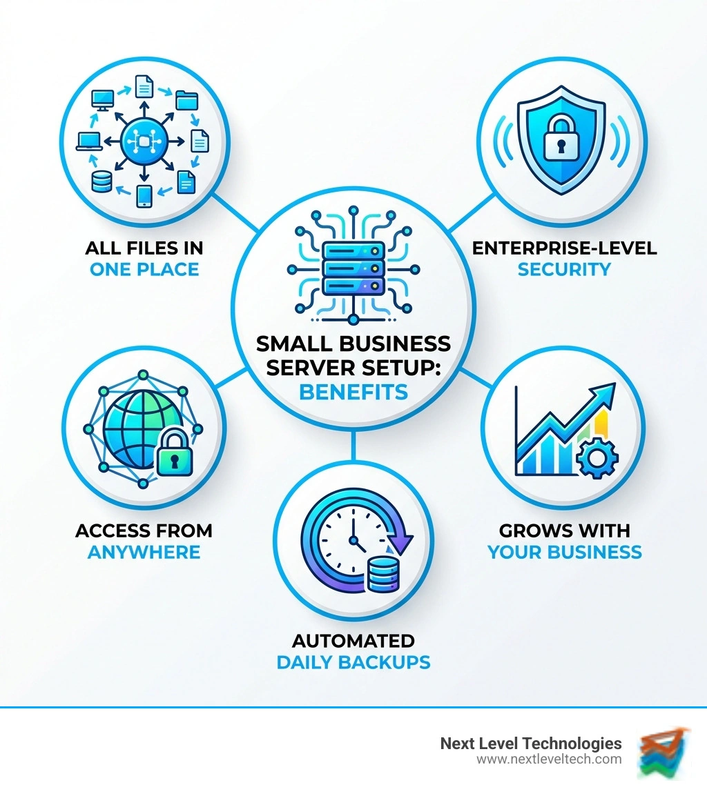 Infographic showing small business server setup benefits: Central hub icon with 'All Files in One Place', shield icon with 'Enterprise-Level Security', globe icon with 'Access From Anywhere', graph icon with 'Grows With Your Business', and clock icon with 'Automated Daily Backups' - small business server setup infographic Infographic showing small business server setup benefits: Central hub icon with 'All Files in One Place', shield icon with 'Enterprise-Level Security', globe icon with 'Access From Anywhere', graph icon with 'Grows With Your Business', and clock icon with 'Automated Daily Backups' - small business server setup infographic