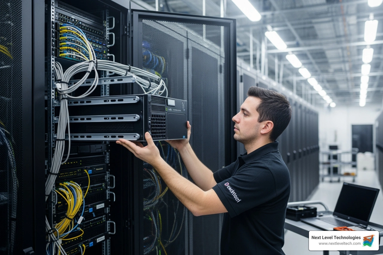 Technician installing a rackmount server into a server rack - small business server setup Technician installing a rackmount server into a server rack - small business server setup