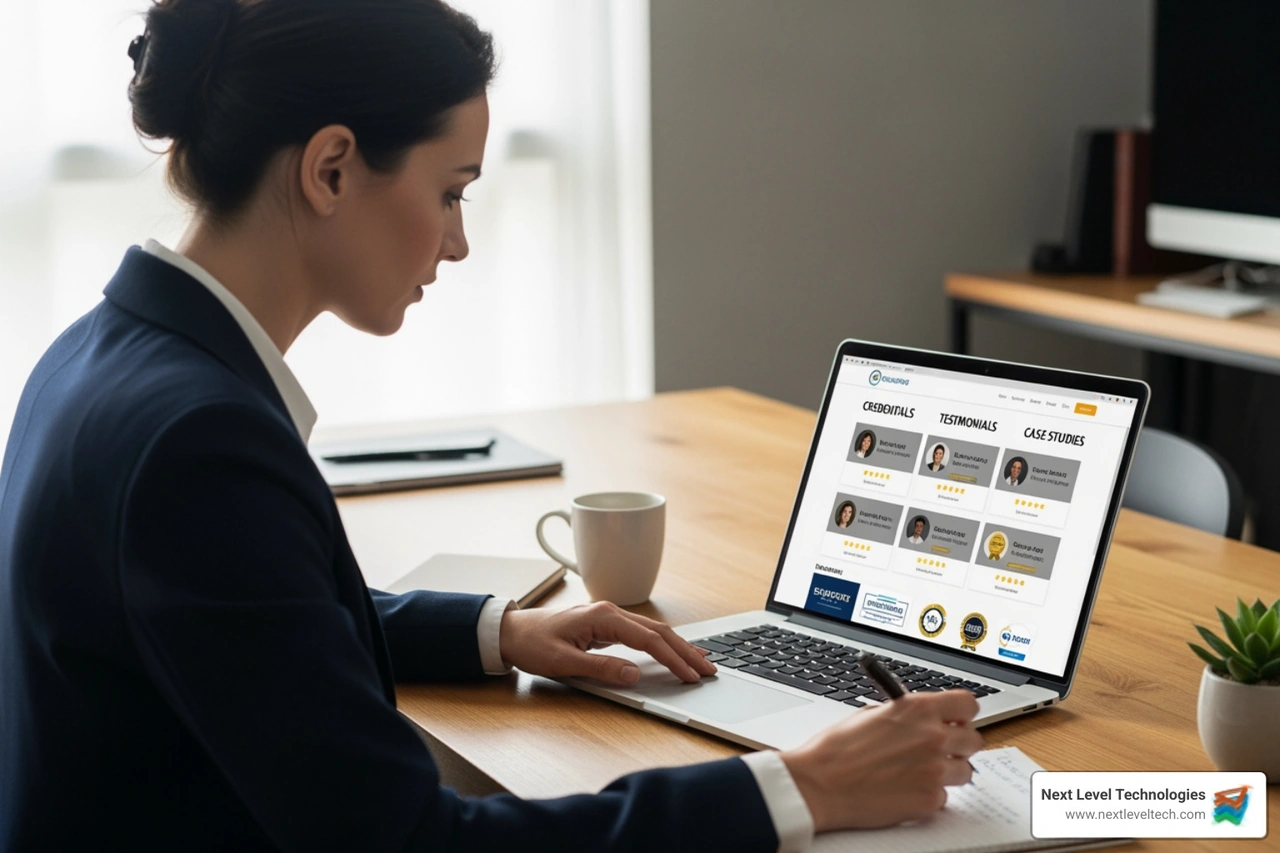 a business owner reviewing a provider's website and credentials - Remote IT Support Business a business owner reviewing a provider's website and credentials - Remote IT Support Business
