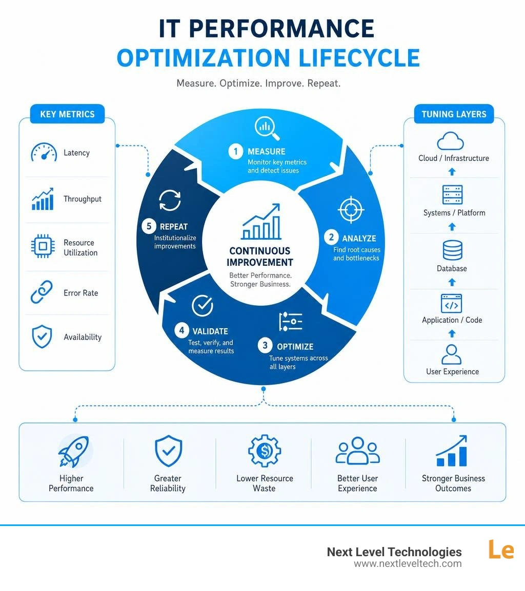 IT performance optimization lifecycle infographic showing metrics, tuning layers, and continuous improvement cycle