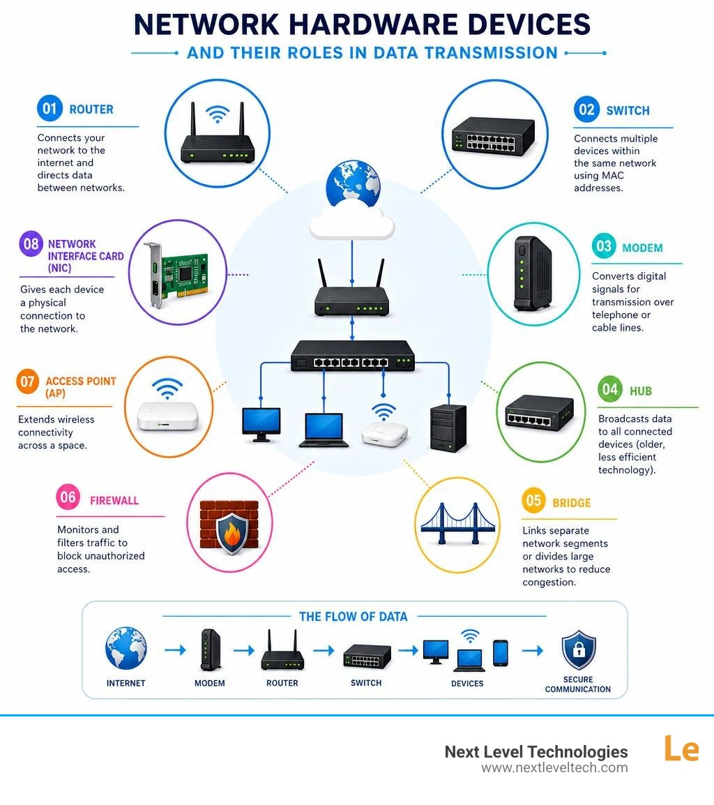 Infographic showing types of network hardware devices and their roles in data transmission infographic Infographic showing types of network hardware devices and their roles in data transmission infographic