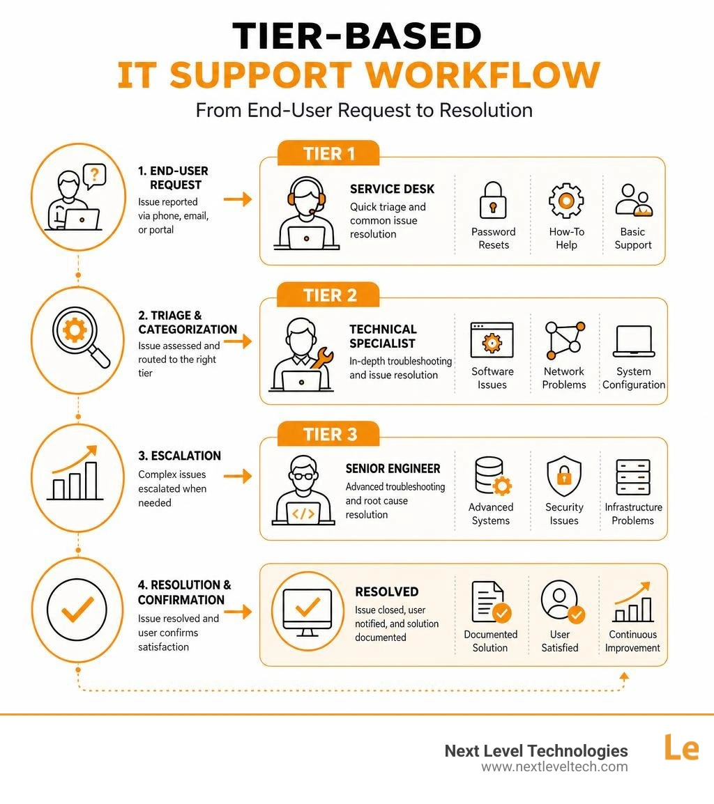 Infographic showing tier-based IT support workflow from end-user request to resolution infographic Infographic showing tier-based IT support workflow from end-user request to resolution infographic