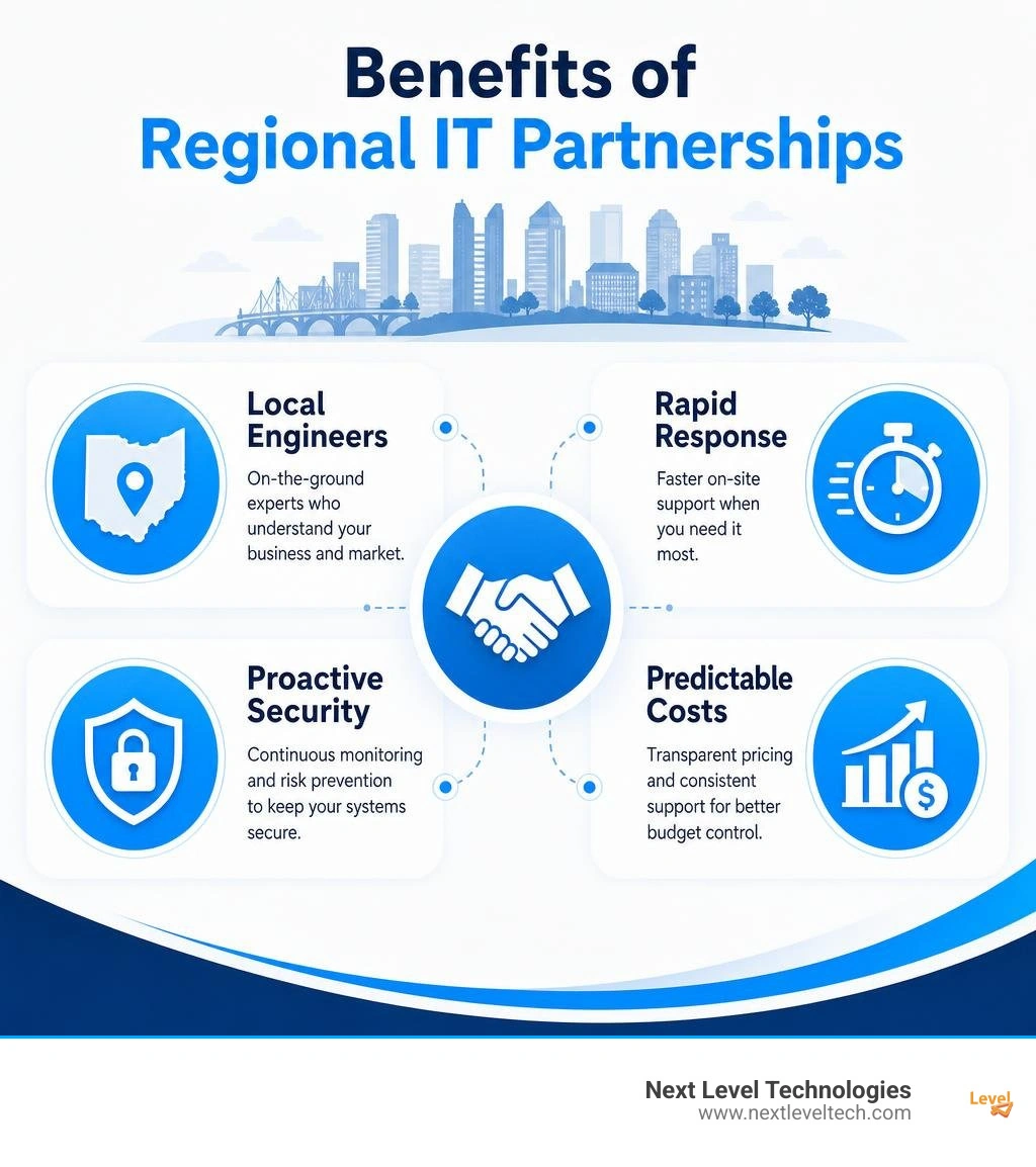 Benefits of regional IT partnerships: local engineers, rapid response, proactive security, and predictable costs infographic Benefits of regional IT partnerships: local engineers, rapid response, proactive security, and predictable costs infographic
