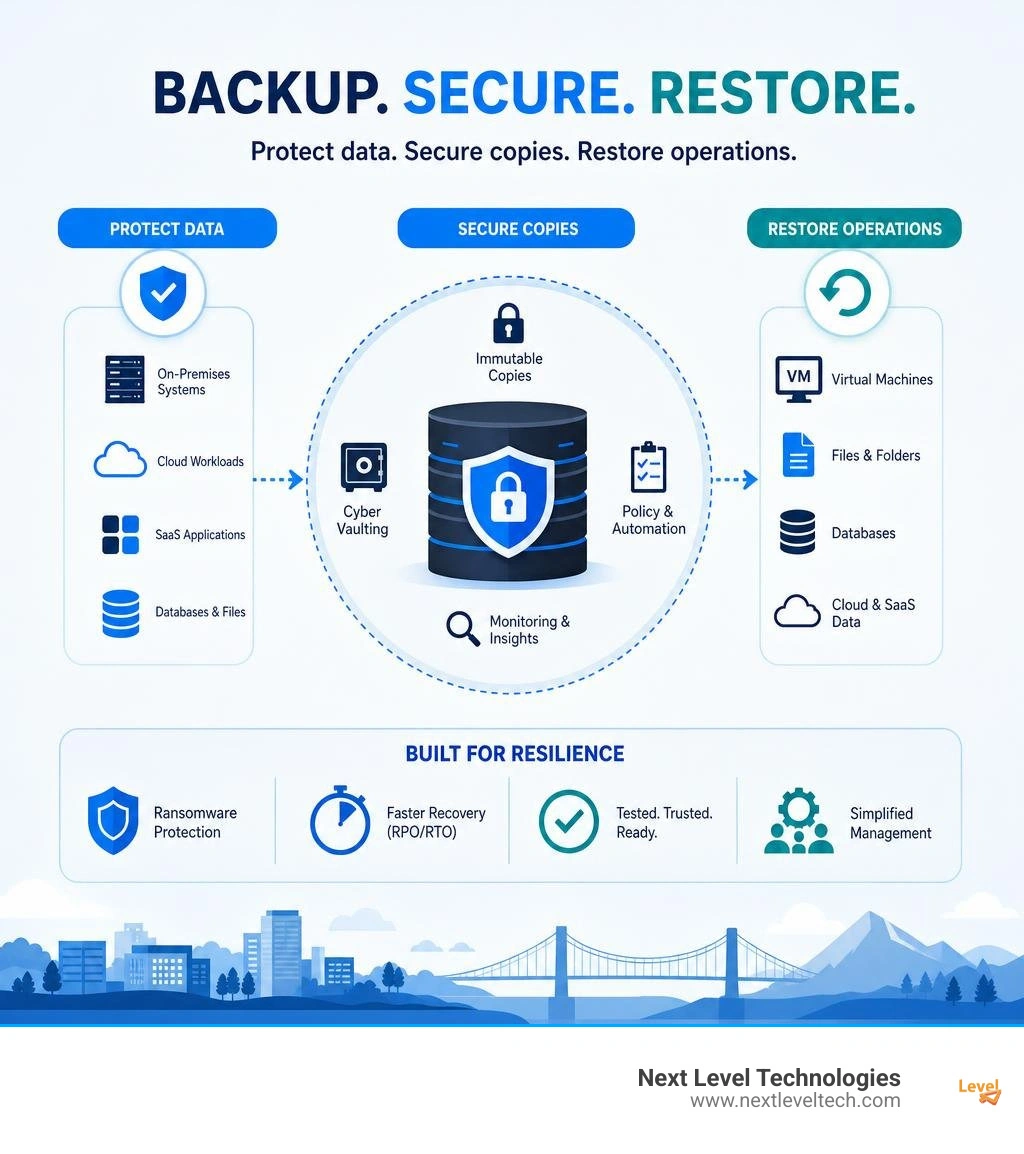 Cohesity backup and recovery overview: protect data, secure copies, and restore operations infographic Cohesity backup and recovery overview: protect data, secure copies, and restore operations infographic