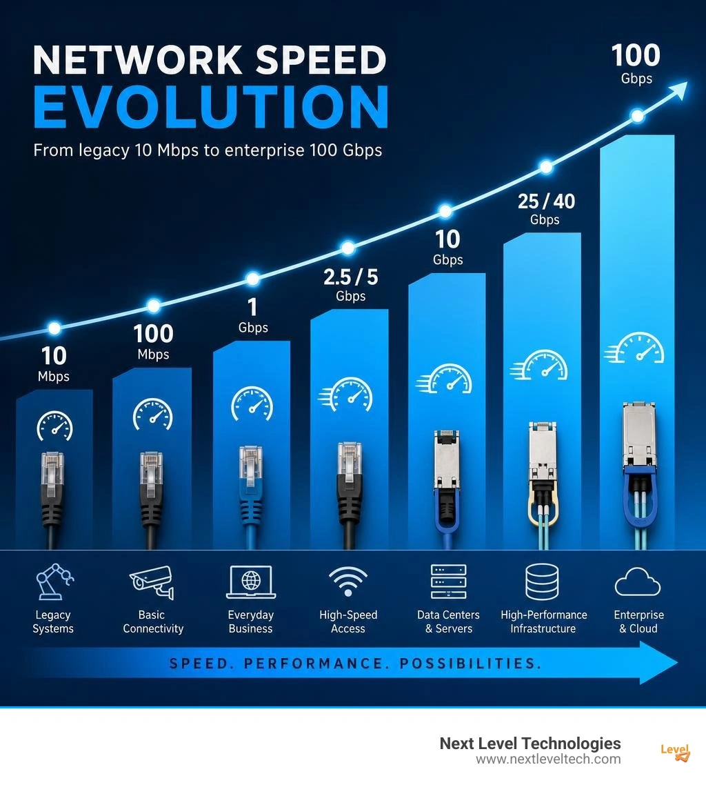 Data showing speed progression from legacy 10 Mbps to enterprise 100 Gbps infographic