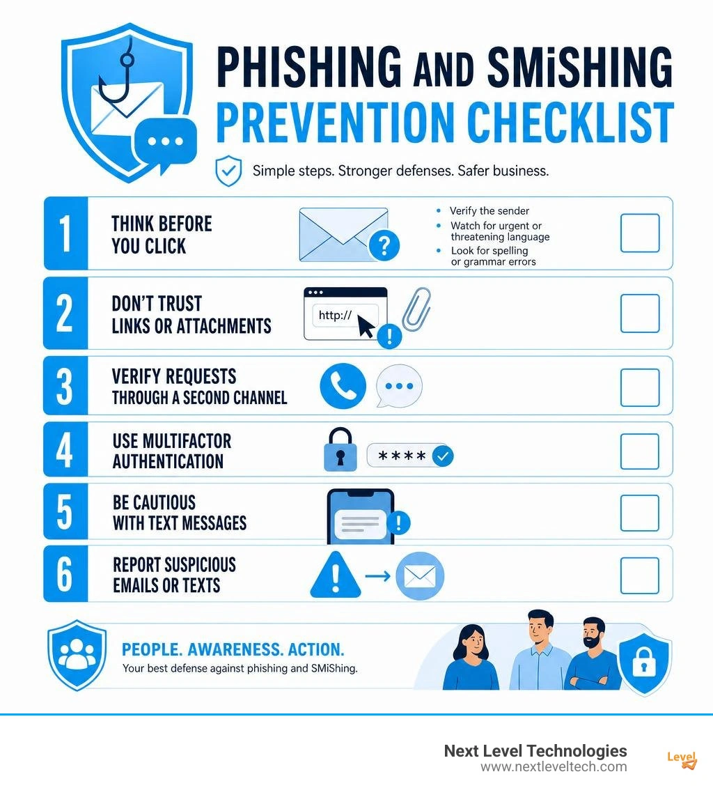 Phishing and SMiShing prevention checklist infographic Phishing and SMiShing prevention checklist infographic