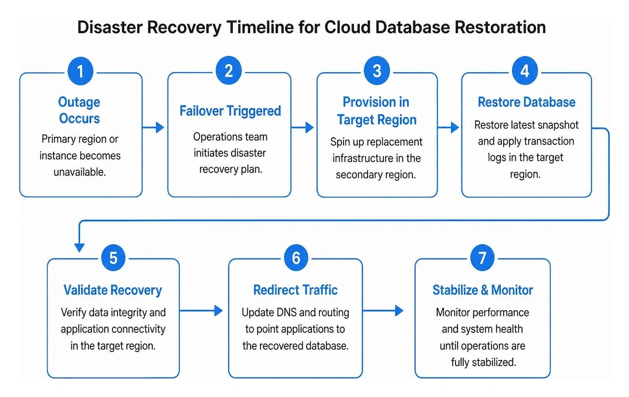 Disaster recovery timeline for cloud database restoration Disaster recovery timeline for cloud database restoration