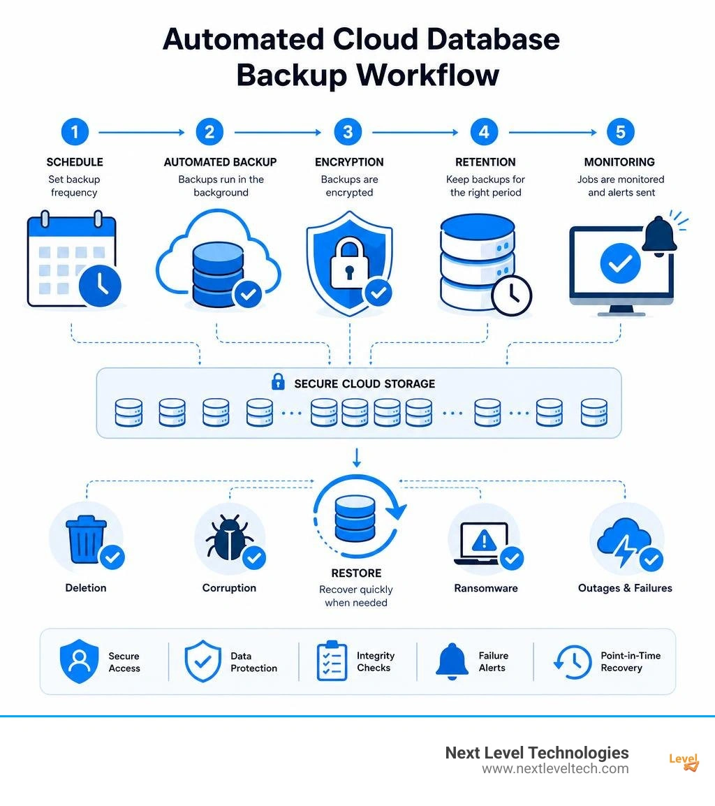 Automated cloud database backup workflow with scheduling encryption retention and restore infographic Automated cloud database backup workflow with scheduling encryption retention and restore infographic