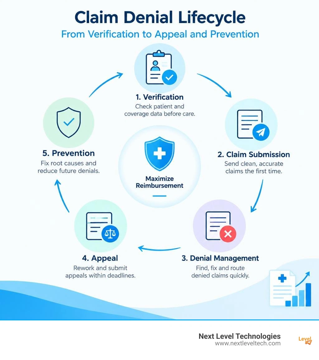 Claim denial lifecycle from verification to appeal and prevention infographic Claim denial lifecycle from verification to appeal and prevention infographic