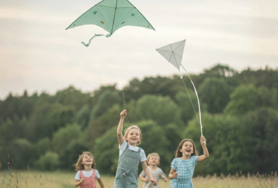 Des enfants courent dans un champ avec des cerfs volats