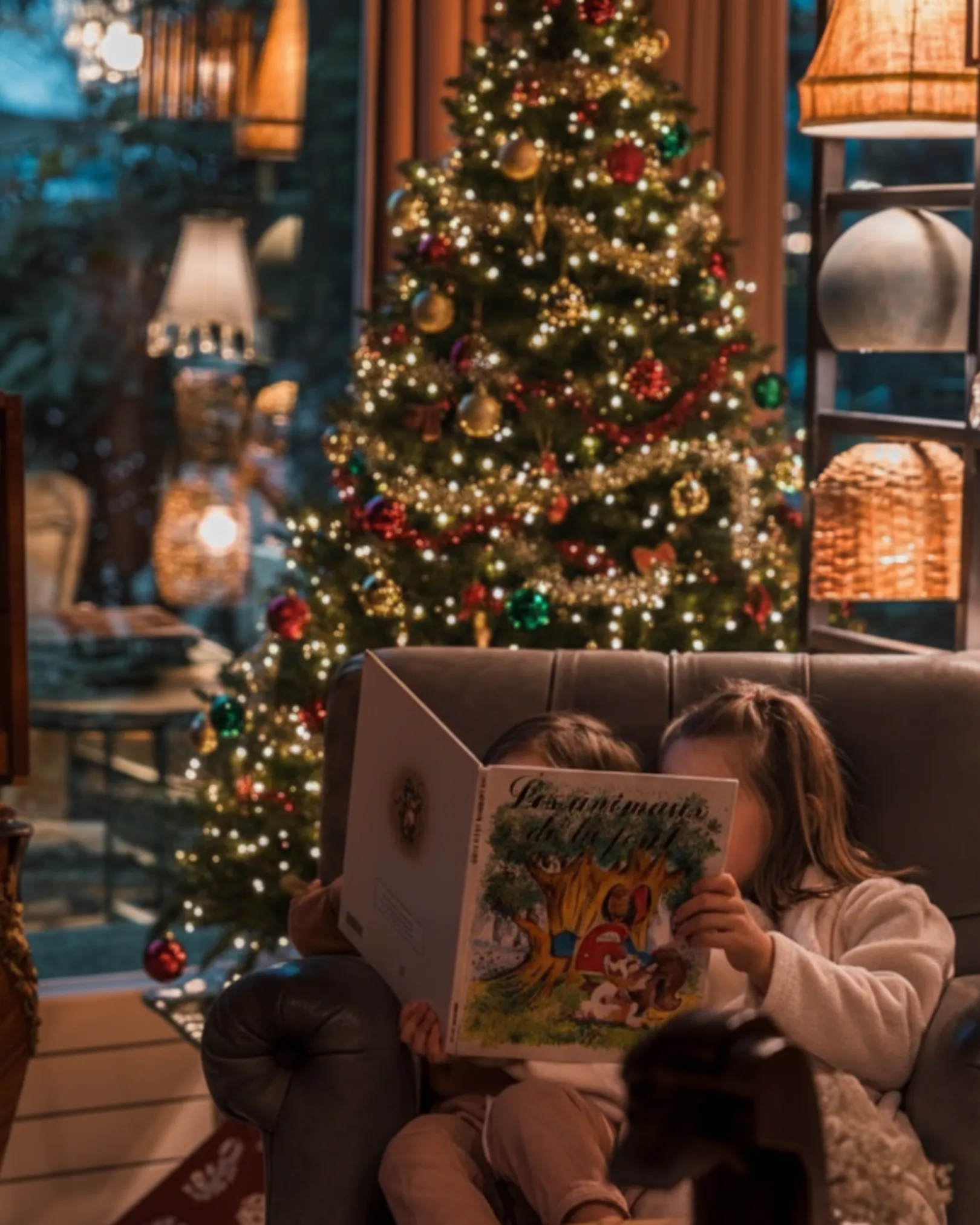 Deux petites filles lisent une histoire devant un sapin
