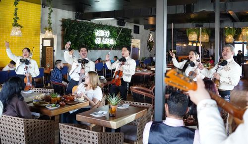 People dine in a restaurant as five mariachi’s raise their arms in the air and shout. Two of the musicians are women, and three are men. Everyone in the group holds a violin in their other hand, except for one man who is a guitarist.