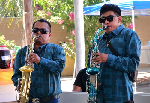 Two men wearing matching, blue plaid button-down shirts and dark sunglasses play saxophone.