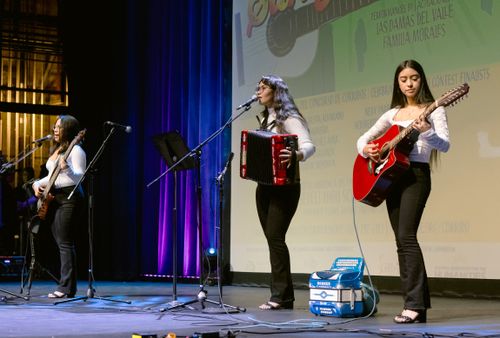 A distance photo of three young women musicians, a bassist, an accordionist, and a guitarist, performing on a stage.