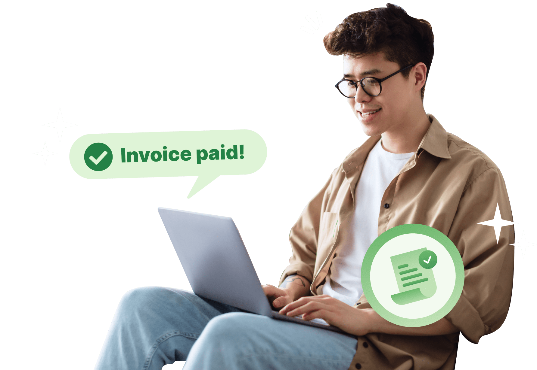 Man smiling with the "Invoice Paid" notification showing up