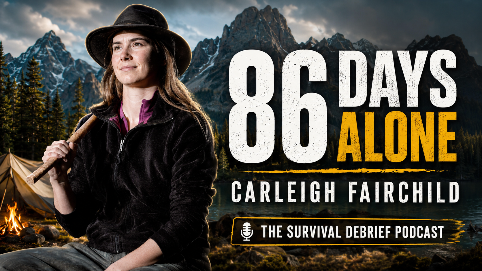 Carleigh Fairchild survival podcast thumbnail with 86 Days Alone text, mountain wilderness background and The Survival Debrief Podcast branding