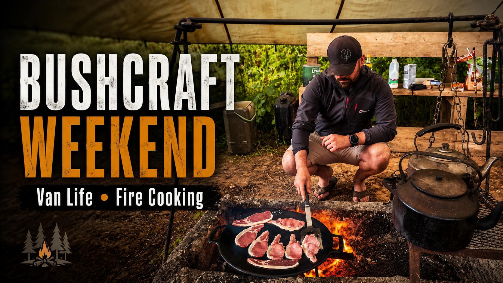 Steven Kelly cooking bacon over an open fire during a bushcraft and van life weekend at South West Survival.