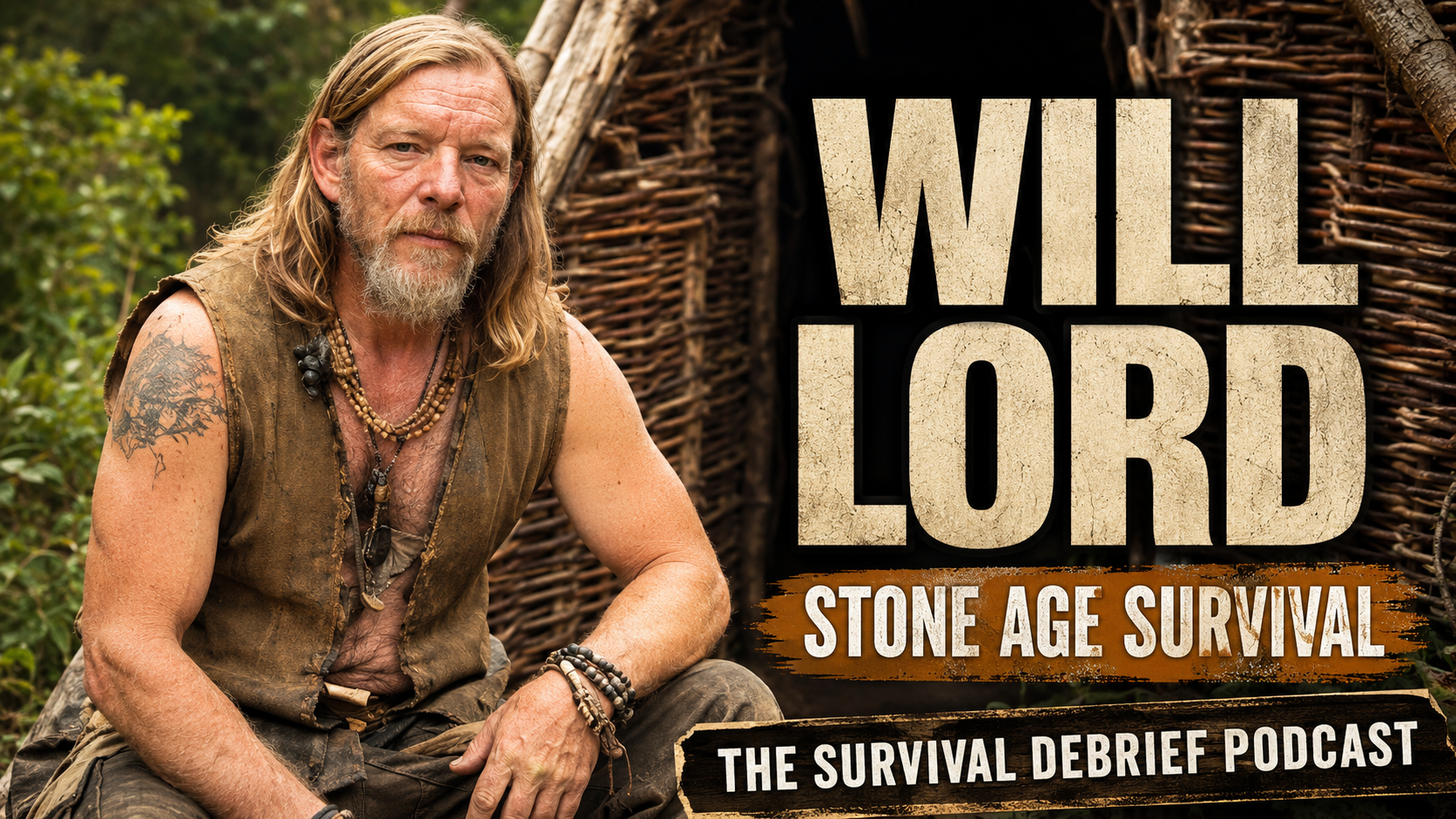 Will Lord sitting beside a primitive woven shelter for The Survival Debrief Podcast episode about Stone Age survival and flint knapping.
