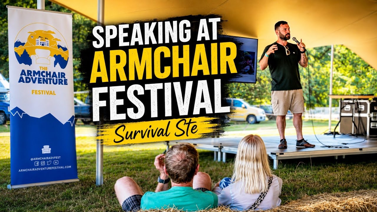 Steven Kelly speaking on stage at the Armchair Adventure Festival about 29 Commando and Naked and Afraid.