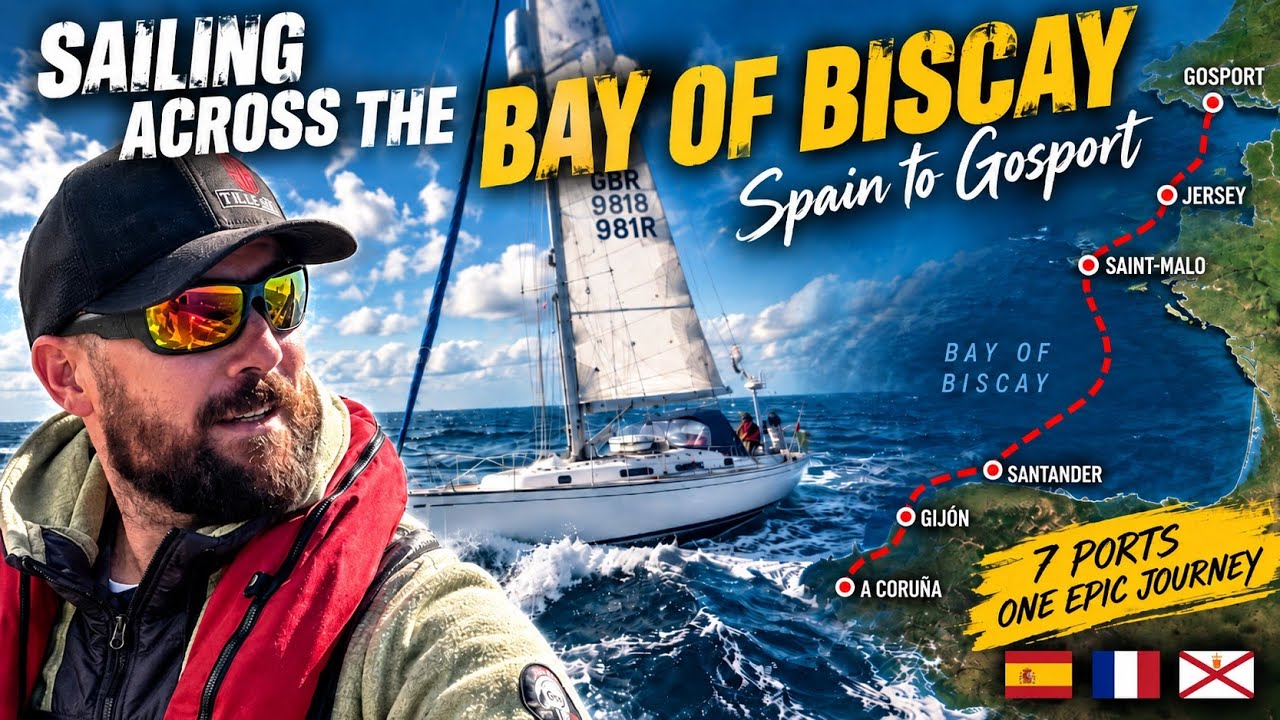 Steven Kelly and a nine-person crew sailing from A Coruña to Gosport via the Bay of Biscay, France and Jersey.