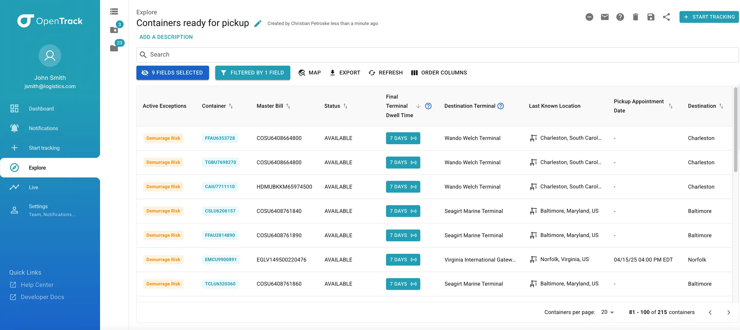 OpenTrack Shipments screen