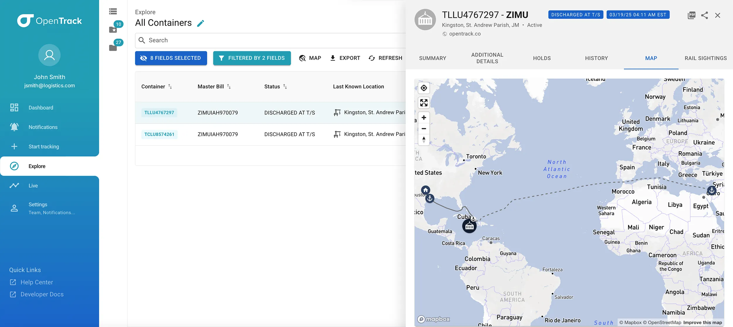 OpenTrack Global Map screen