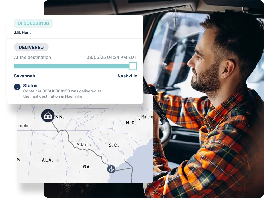 A freight truck driver and an OpenTrack UI graphic of a drayage delivery schedule