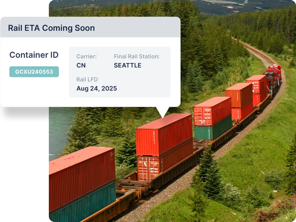 Shipping containers on a moving train and OpenTrack UI graphics showing rail LFD alerts for the containers