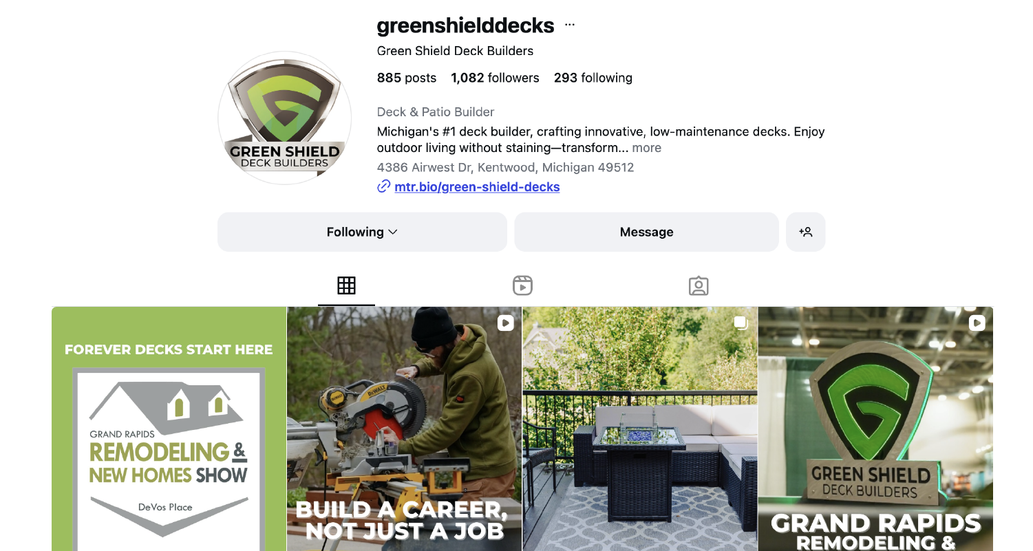 Instagram profile page of Green Shield Deck Builders featuring deck building posts, logo, and business details.