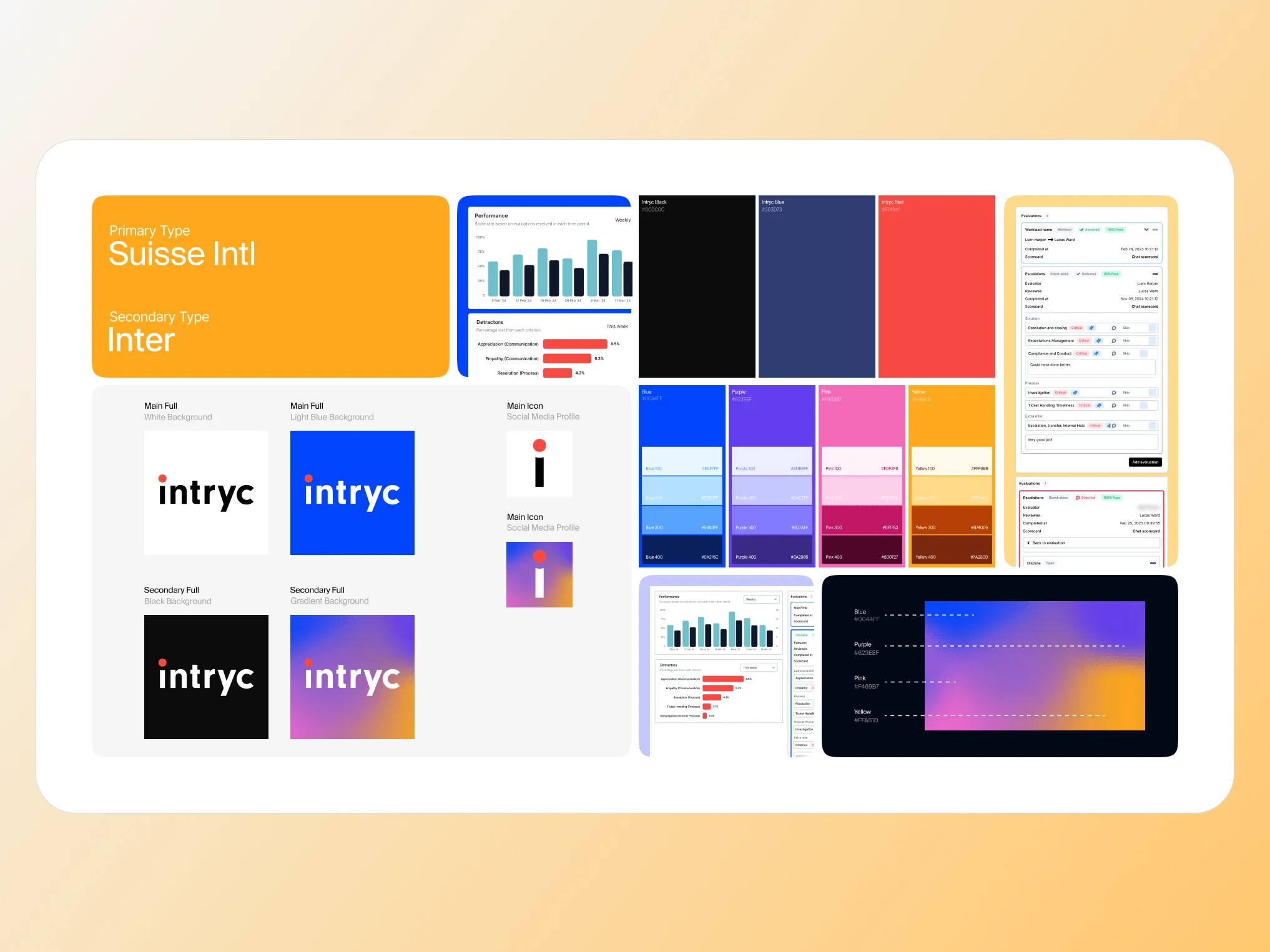 Brand style guide showing primary and secondary fonts, logo variations on different backgrounds, color palettes in blue, purple, pink, and yellow, and sample UI designs with charts and evaluation forms.