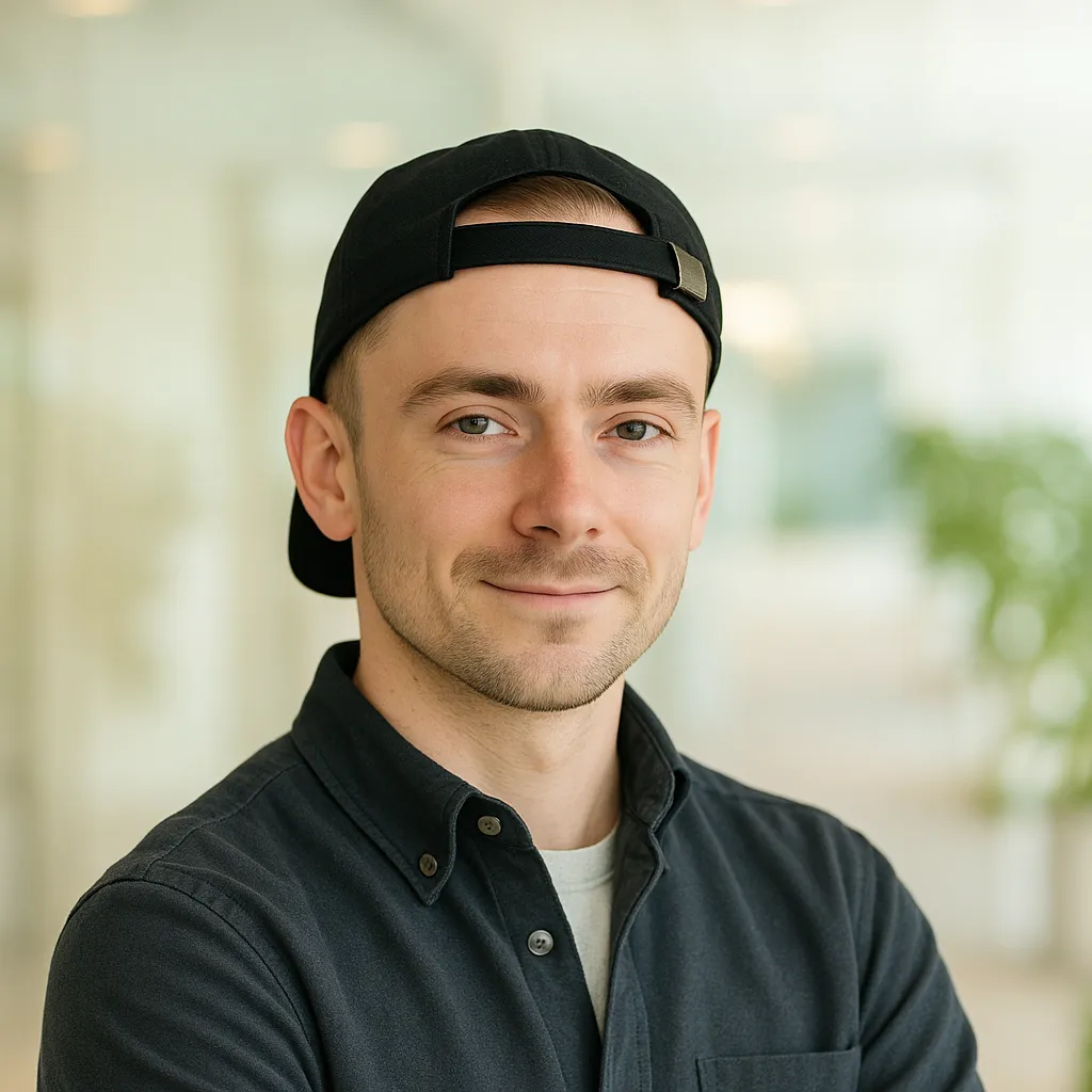 Smiling man wearing a black cap backwards and a dark button-up shirt in a blurred indoor setting.