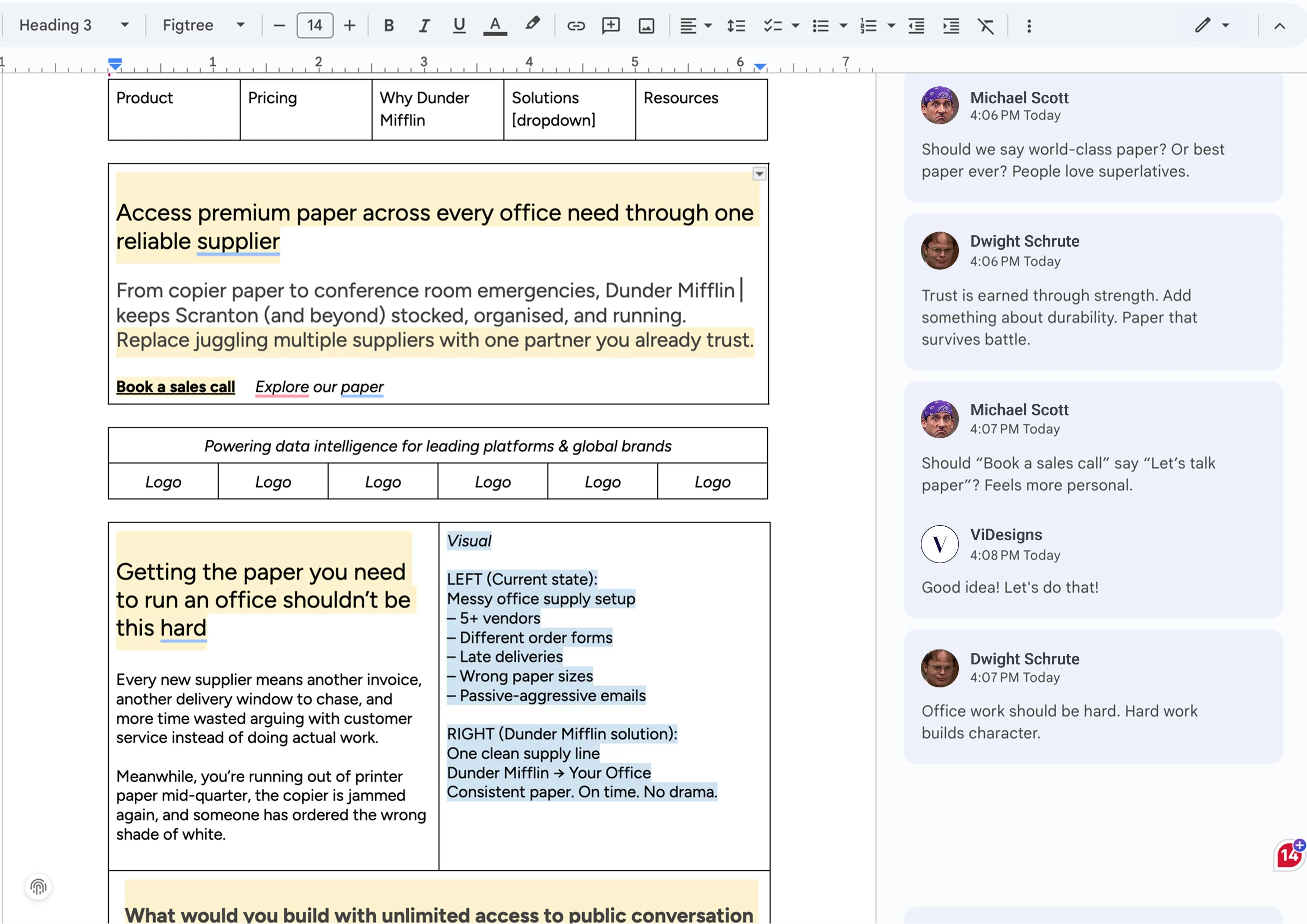 Screenshot of a document editor showing a webpage layout with text about office paper supply solutions by Dunder Mifflin, including highlighted sections and a side chat discussing wording for marketing phrases.