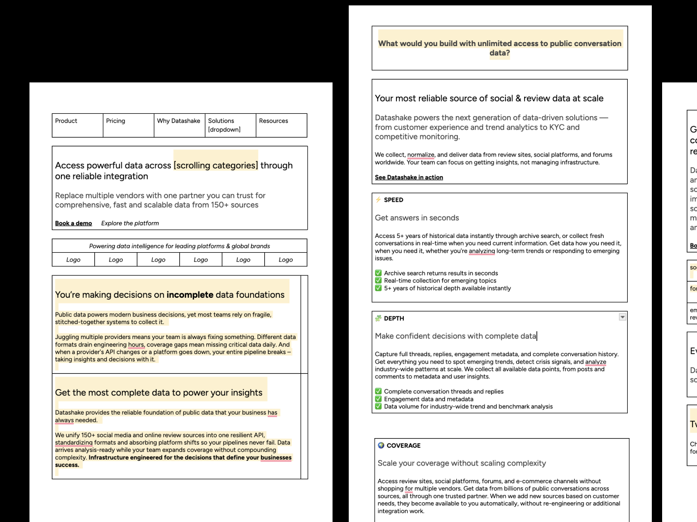 Web page screenshots showing data integration, decision making, speed, depth, and coverage features for Datashake.