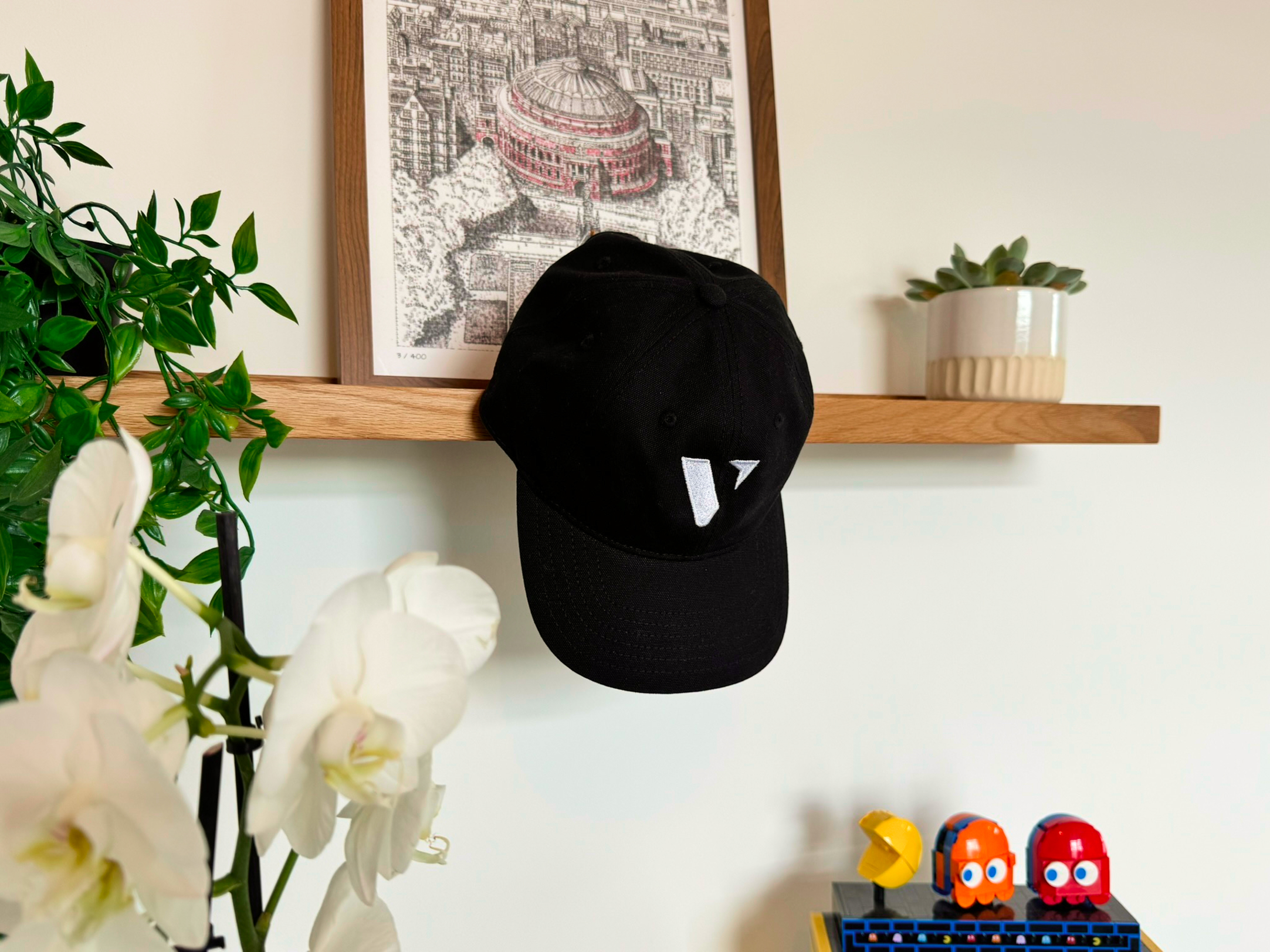 Black cap with white logo hanging on wooden shelf with plants, framed print, and Pac-Man figures below.