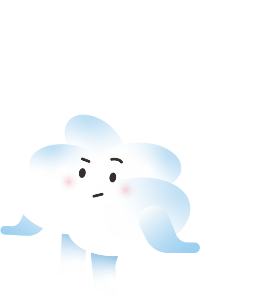 White and light blue cartoon cloud character with a thoughtful expression and raised eyebrows.