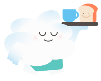 Animated cloud character with closed eyes and a smile, holding a tray with a blue cup and a smiling toast slice.