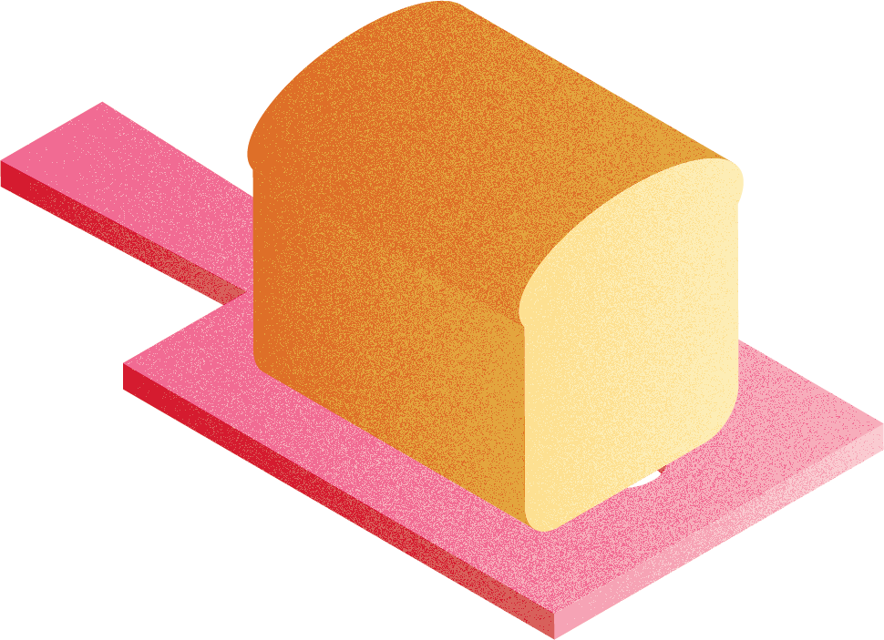 Isometric illustration of a whole loaf of bread on a pink cutting board.