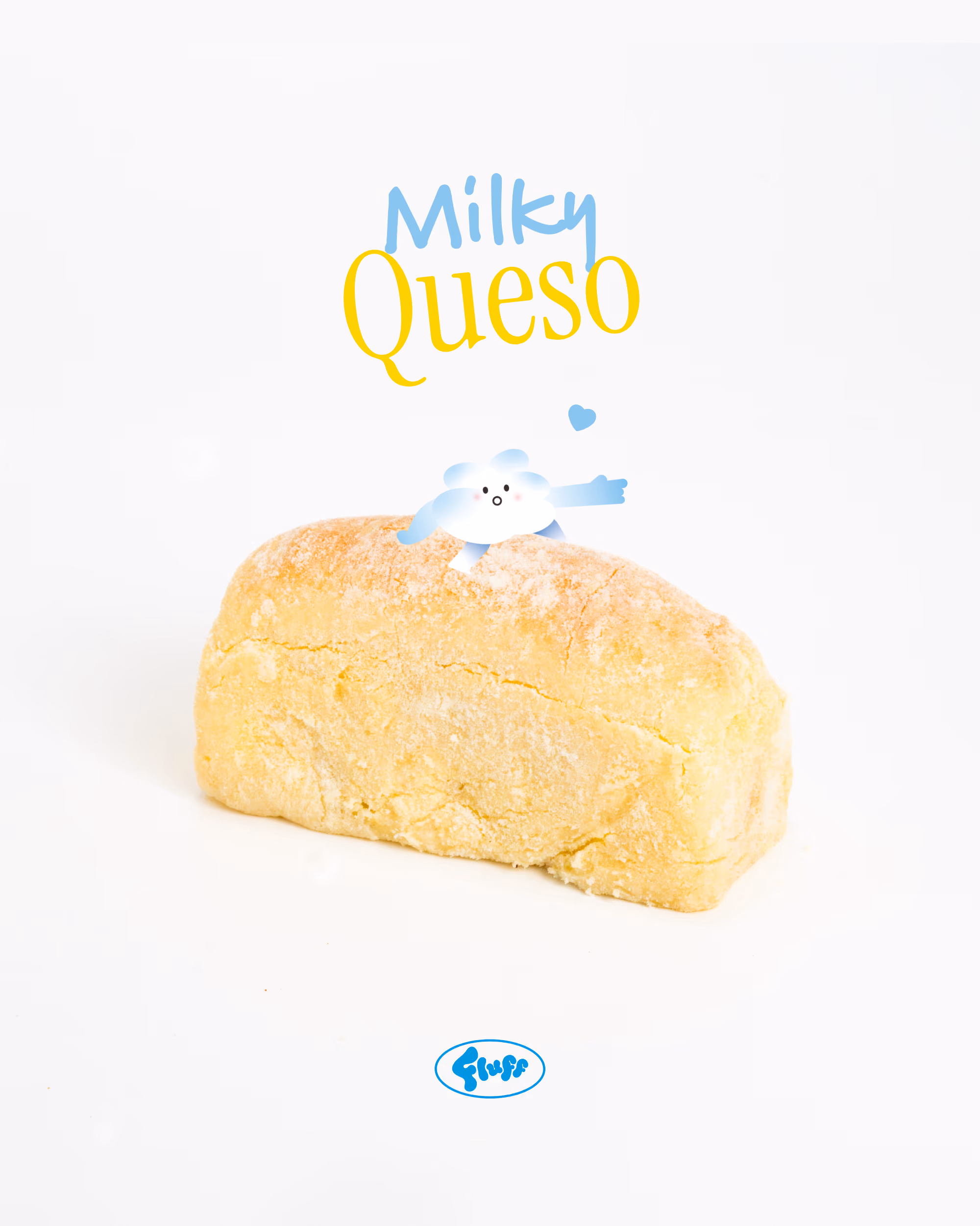 A piece of Milky Queso bread with a cute milk cloud character pointing and a small blue heart above it, on a white background.