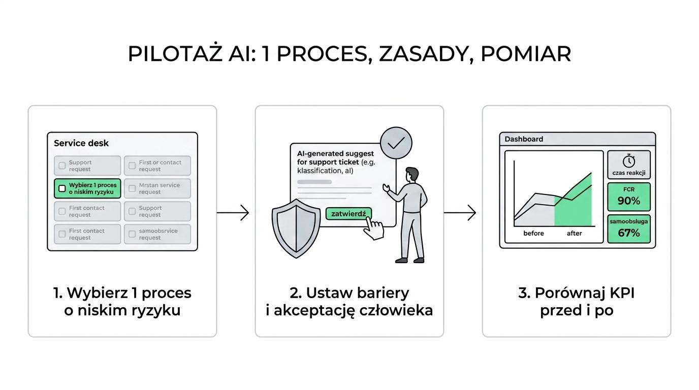 Schemat trzech kroków pilotażu AI service desk: wybór powtarzalnego scenariusza, ustawienie barier bezpieczeństwa z human in the loop oraz pomiar KPI przed i po wdrożeniu.