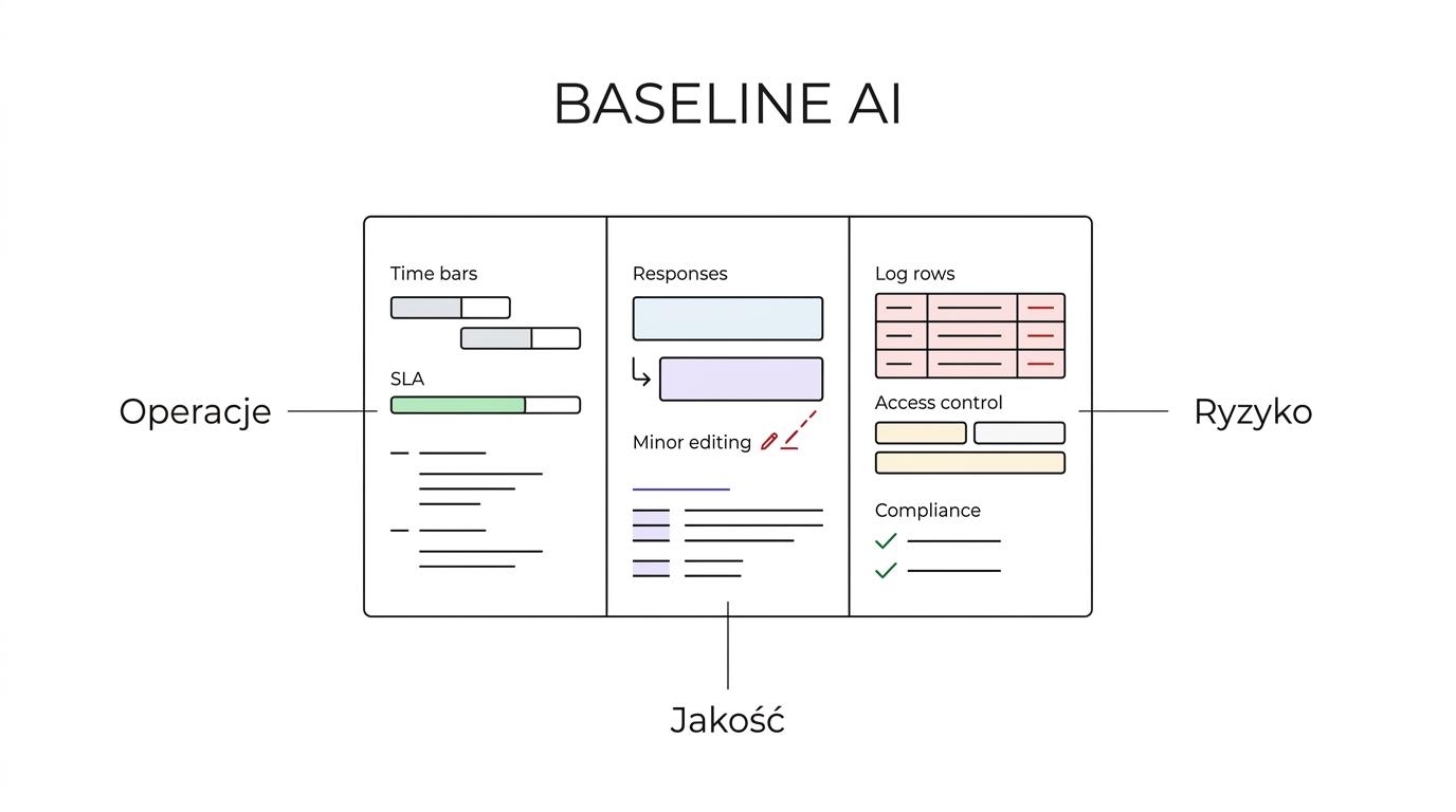 Diagram baseline’u wdrożenia AI w service desk z czterema obszarami: metryki operacyjne, wydajność zespołu, jakość odpowiedzi AI i ryzyko oraz governance.