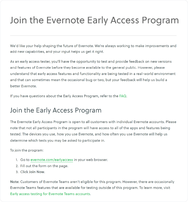 Details about Evernote's early access program including the benefits of joining, the caveats, and steps to join.